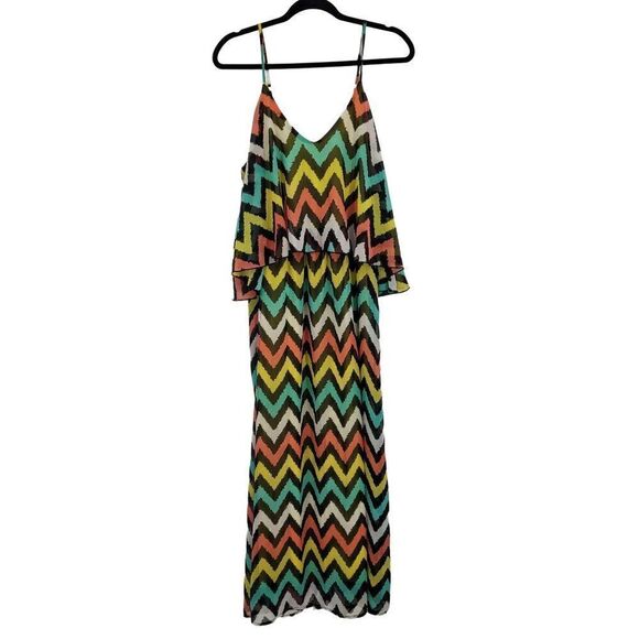 Womens Tacera Dress Sleeveless Tiered Sheer Maxi Vibrant Chevron Zig Zag Sz 1X - Picture 2 of 4